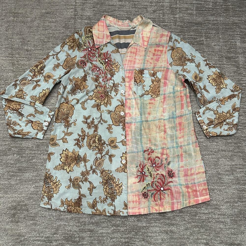 Soft Surroundings Shirt Womens Large Blue Pink Floral Embroidered Sequin Tunic